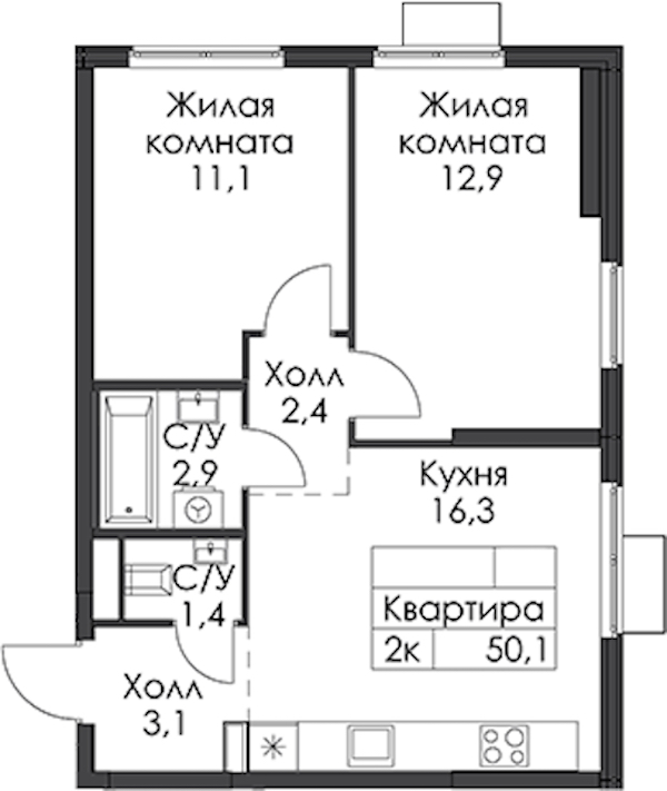 2-комнатная квартира 50.1 м², 2/24 эт., ЖК «Заречный парк»